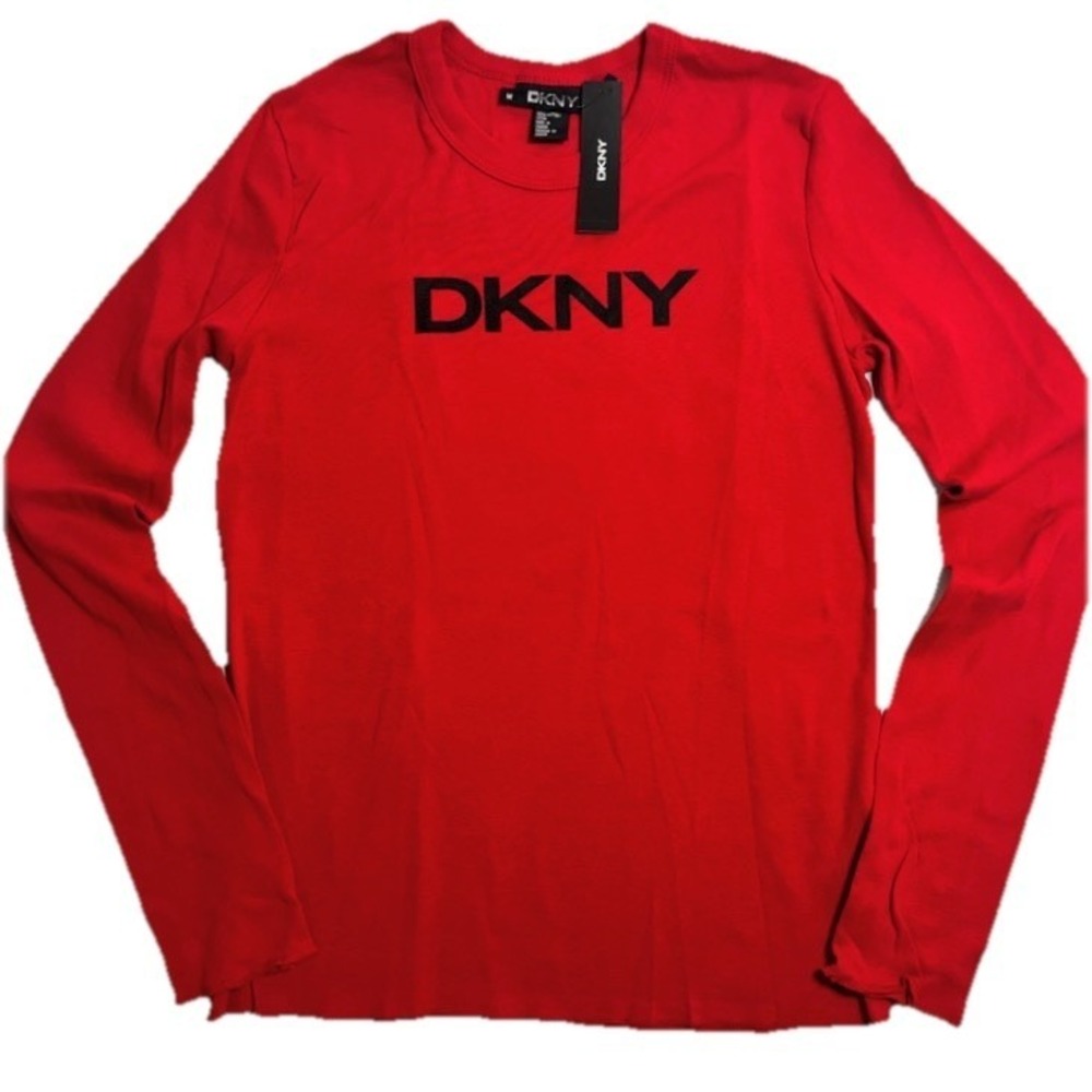 DKNY Sport Top Women's M Red Long Sleeve Logo Fitted Stretch Casual New Y2K 90s